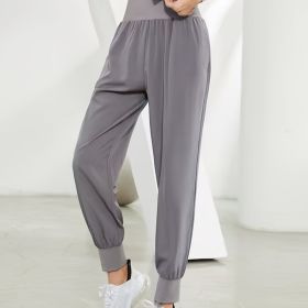 Solid Color High Waist Yoga Fitness Cropped Pants, Breasted Waist Straps Sports Jogging Pants, Women's Activewear (Color: grey, size: XXL(14))
